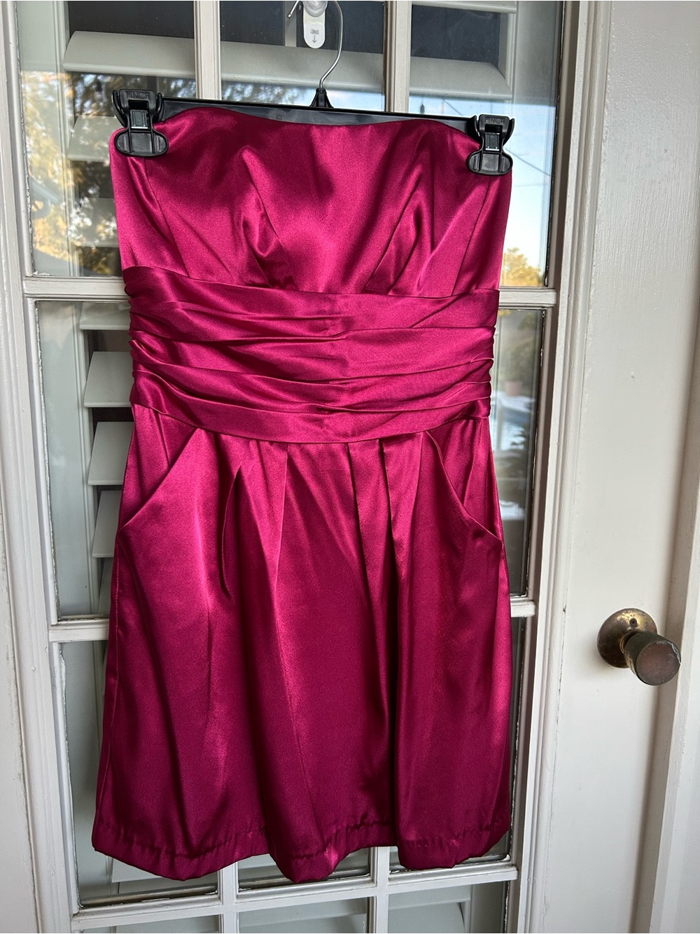 David's Bridal Strapless Magenta Satin Cocktail Dress